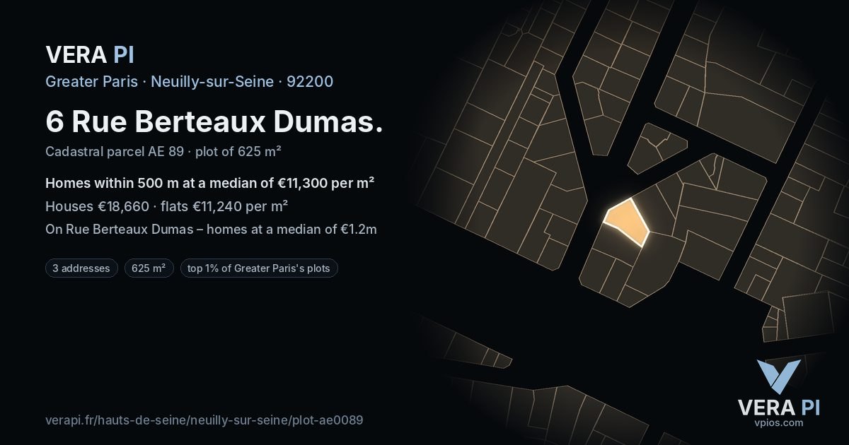 6 Rue Berteaux Dumas, Neuilly-sur-Seine at night – the plot lit, the parcels around coloured by the prices near them