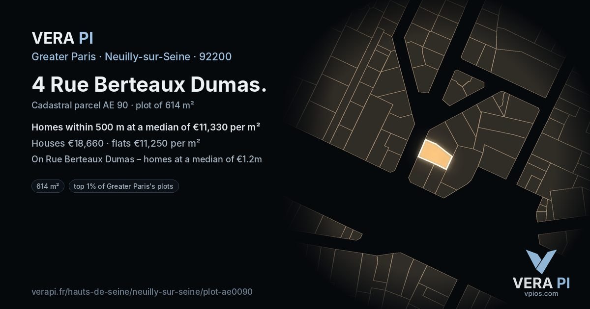 4 Rue Berteaux Dumas, Neuilly-sur-Seine at night – the plot lit, the parcels around coloured by the prices near them