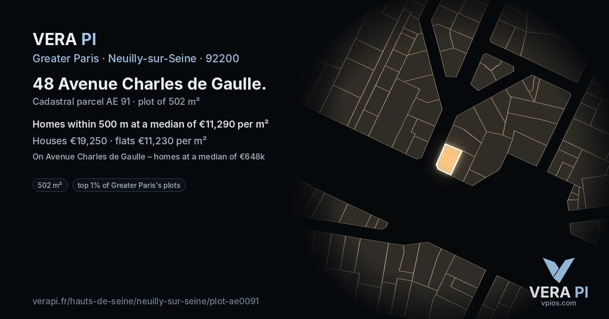 48 Avenue Charles de Gaulle, Neuilly-sur-Seine at night – the plot lit, the parcels around coloured by the prices near them