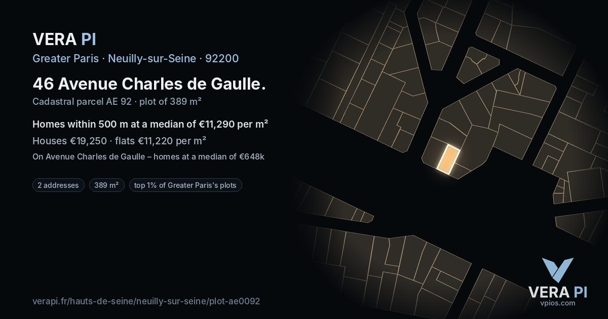 46 Avenue Charles de Gaulle, Neuilly-sur-Seine at night – the plot lit, the parcels around coloured by the prices near them