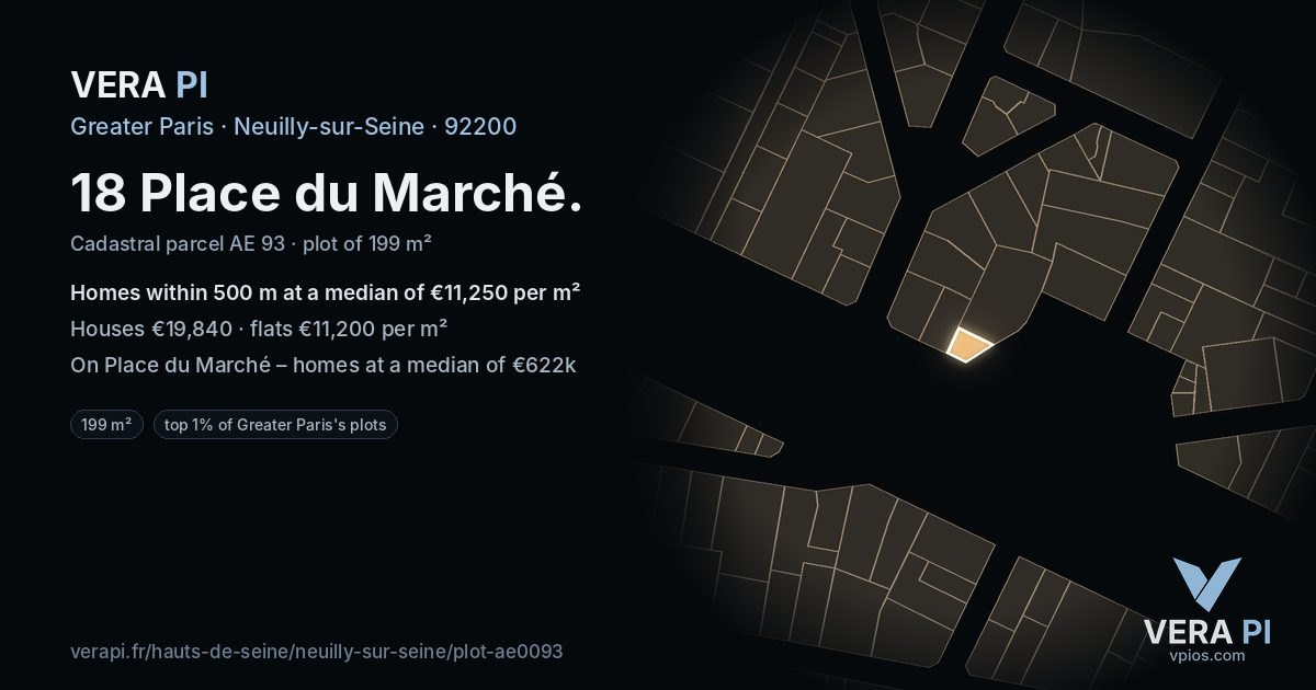18 Place du Marché, Neuilly-sur-Seine at night – the plot lit, the parcels around coloured by the prices near them