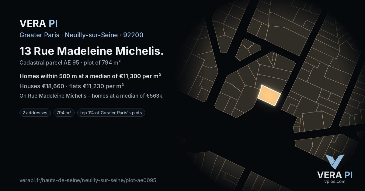 13 Rue Madeleine Michelis, Neuilly-sur-Seine at night – the plot lit, the parcels around coloured by the prices near them