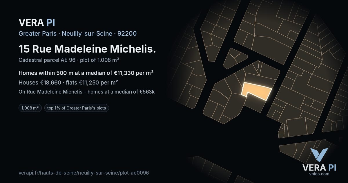 15 Rue Madeleine Michelis, Neuilly-sur-Seine at night – the plot lit, the parcels around coloured by the prices near them