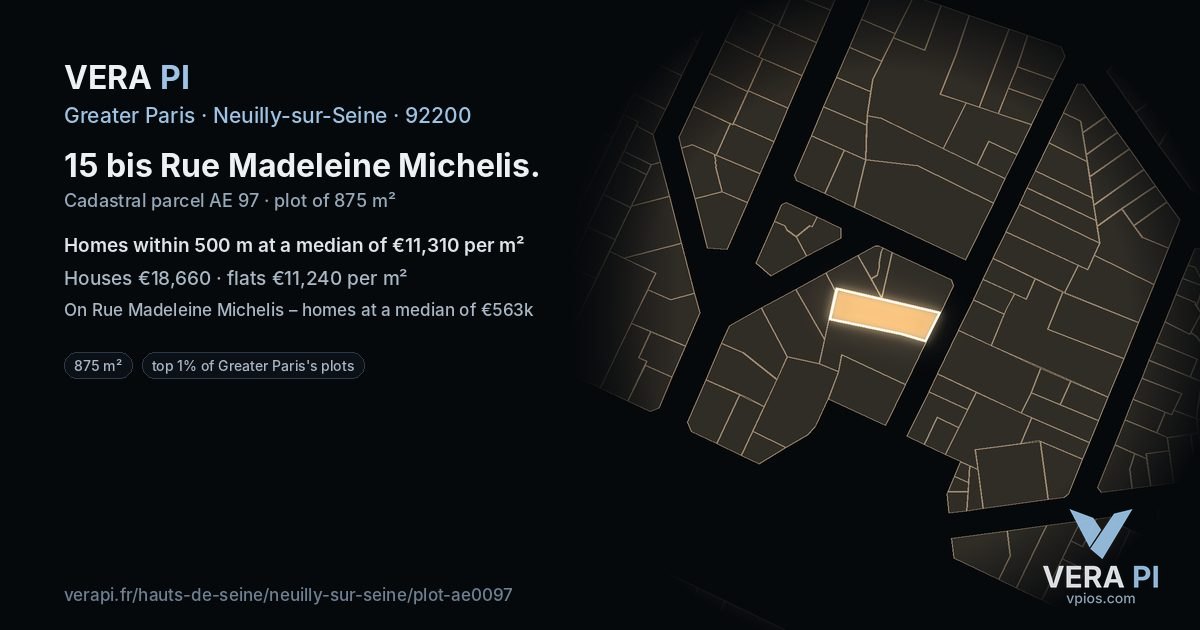 15 bis Rue Madeleine Michelis, Neuilly-sur-Seine at night – the plot lit, the parcels around coloured by the prices near them