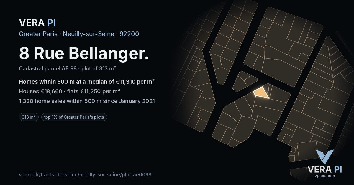 8 Rue Bellanger, Neuilly-sur-Seine at night – the plot lit, the parcels around coloured by the prices near them