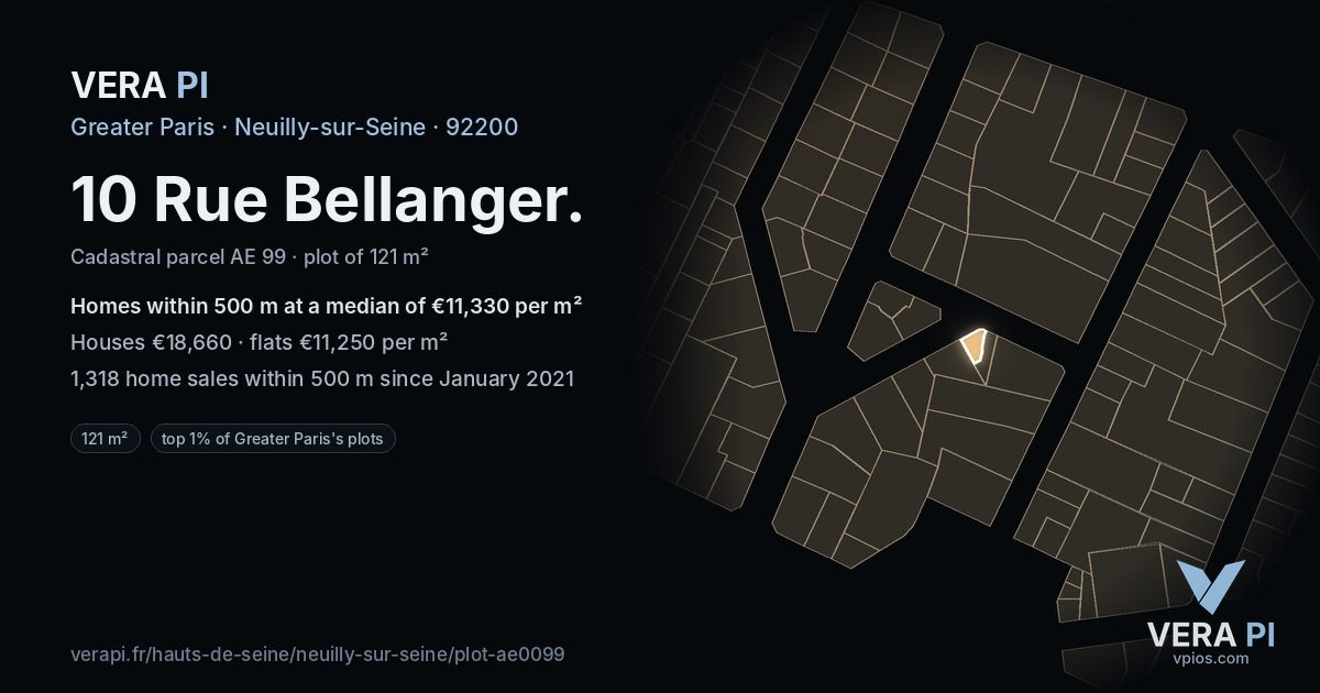 10 Rue Bellanger, Neuilly-sur-Seine at night – the plot lit, the parcels around coloured by the prices near them