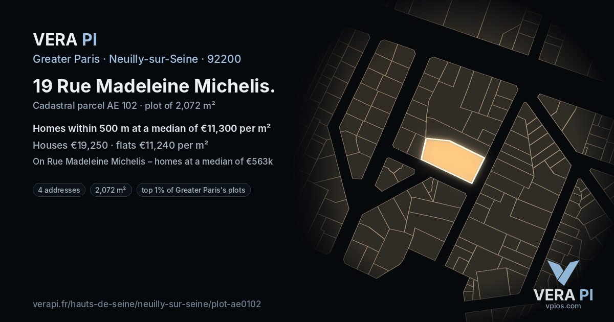 19 Rue Madeleine Michelis, Neuilly-sur-Seine at night – the plot lit, the parcels around coloured by the prices near them