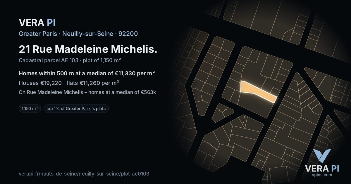 21 Rue Madeleine Michelis, Neuilly-sur-Seine at night – the plot lit, the parcels around coloured by the prices near them