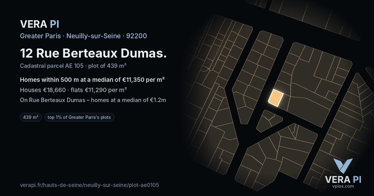12 Rue Berteaux Dumas, Neuilly-sur-Seine at night – the plot lit, the parcels around coloured by the prices near them