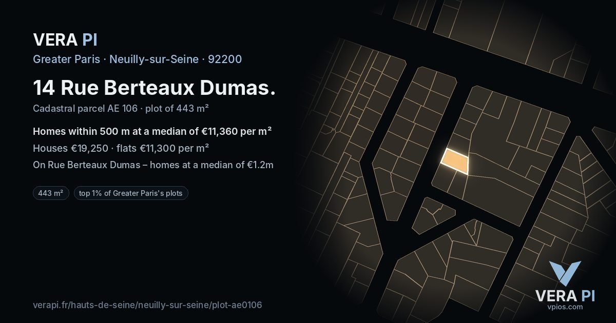 14 Rue Berteaux Dumas, Neuilly-sur-Seine at night – the plot lit, the parcels around coloured by the prices near them
