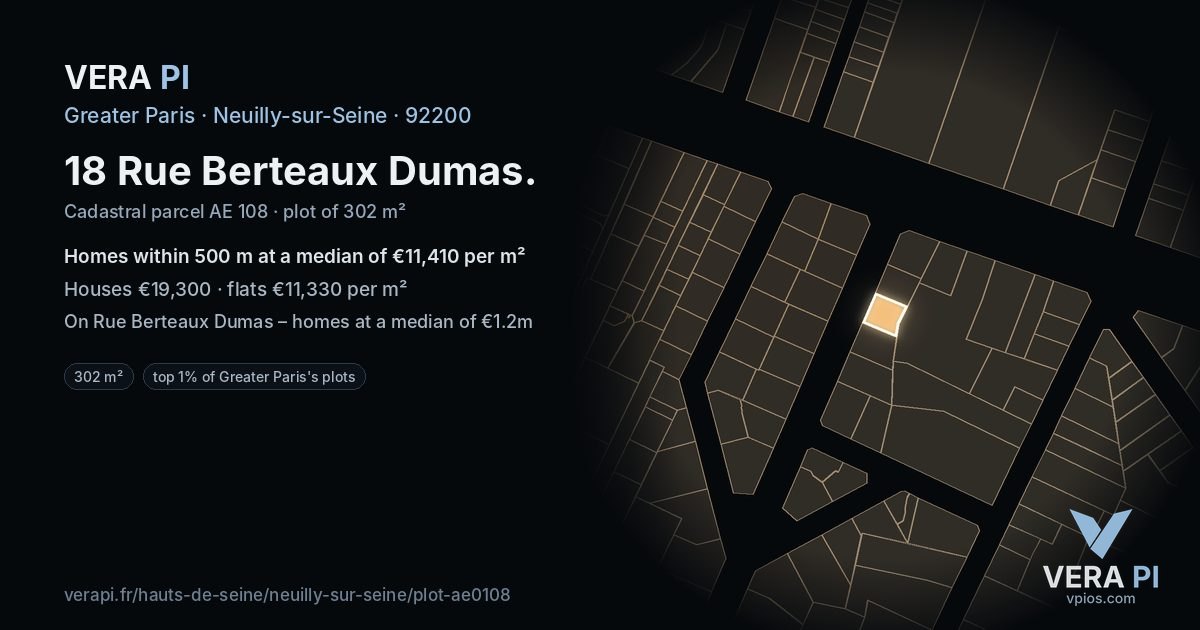 18 Rue Berteaux Dumas, Neuilly-sur-Seine at night – the plot lit, the parcels around coloured by the prices near them