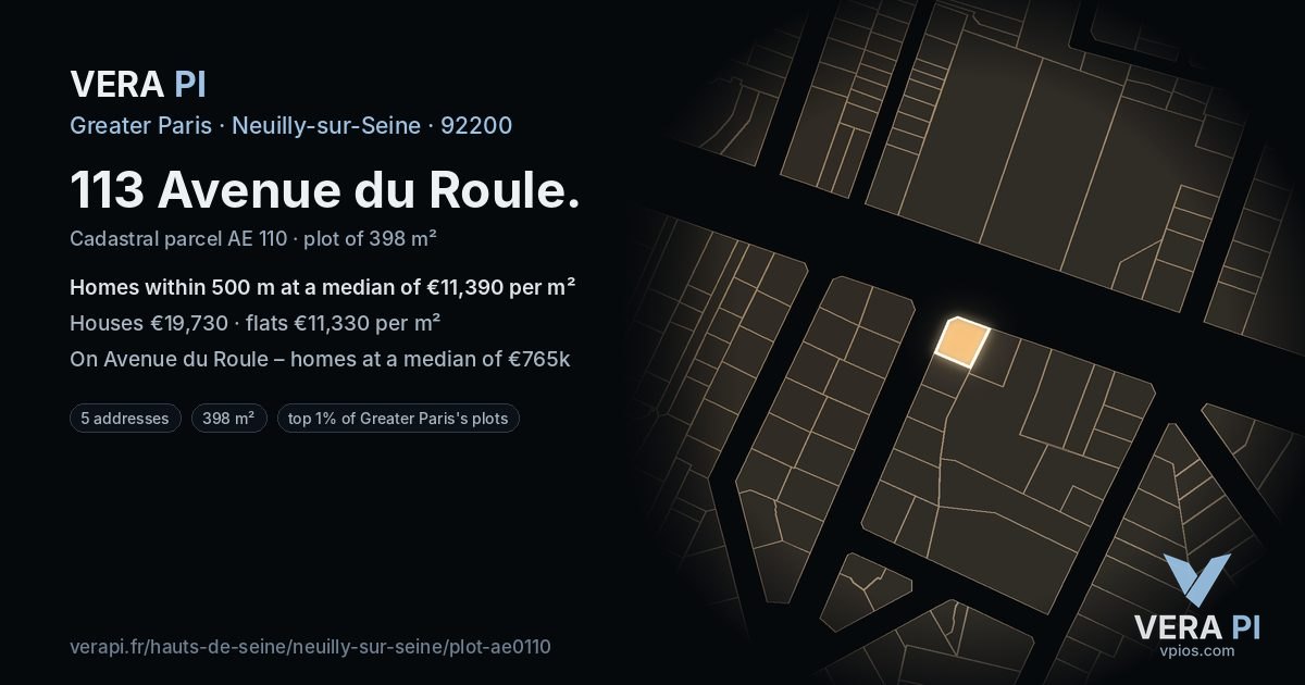 113 Avenue du Roule, Neuilly-sur-Seine at night – the plot lit, the parcels around coloured by the prices near them