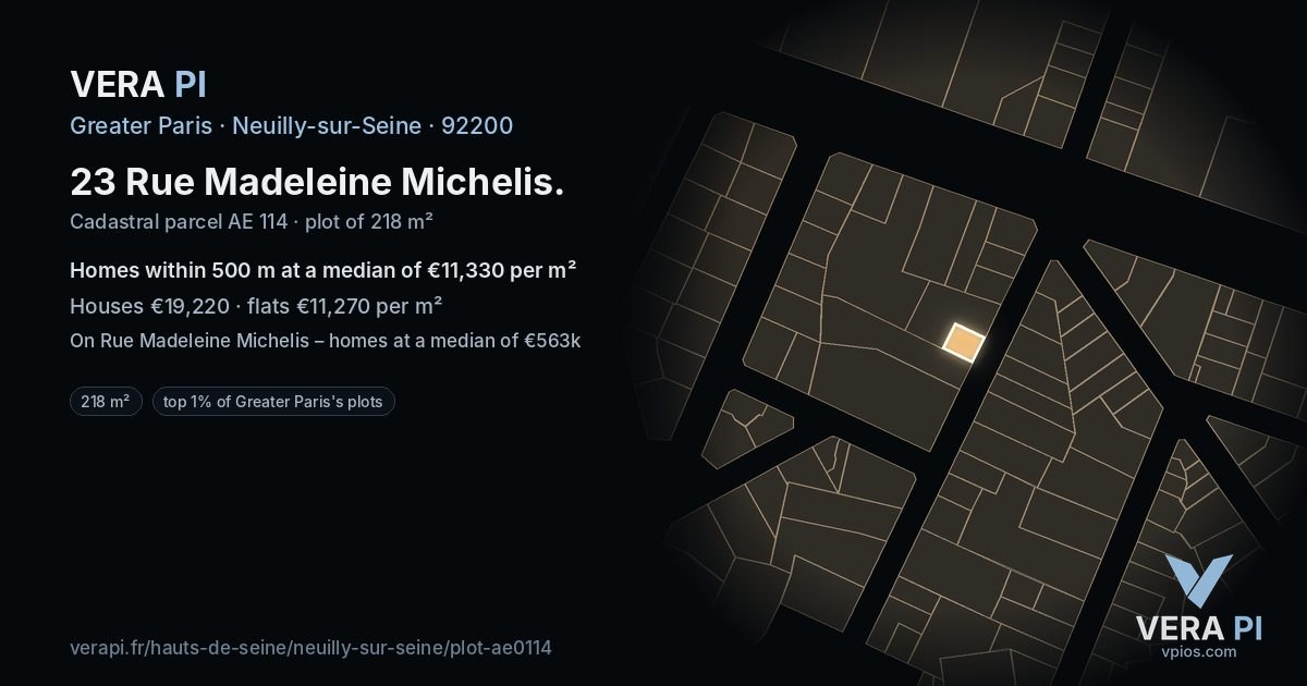 23 Rue Madeleine Michelis, Neuilly-sur-Seine at night – the plot lit, the parcels around coloured by the prices near them