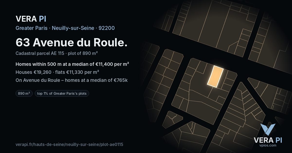 63 Avenue du Roule, Neuilly-sur-Seine at night – the plot lit, the parcels around coloured by the prices near them