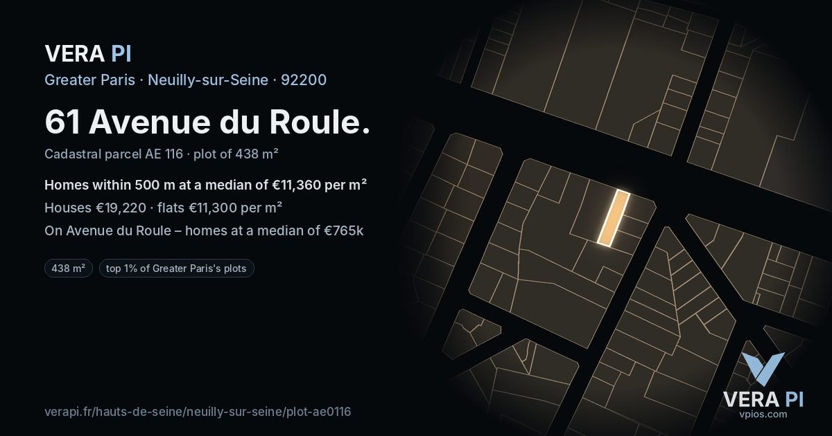 61 Avenue du Roule, Neuilly-sur-Seine at night – the plot lit, the parcels around coloured by the prices near them