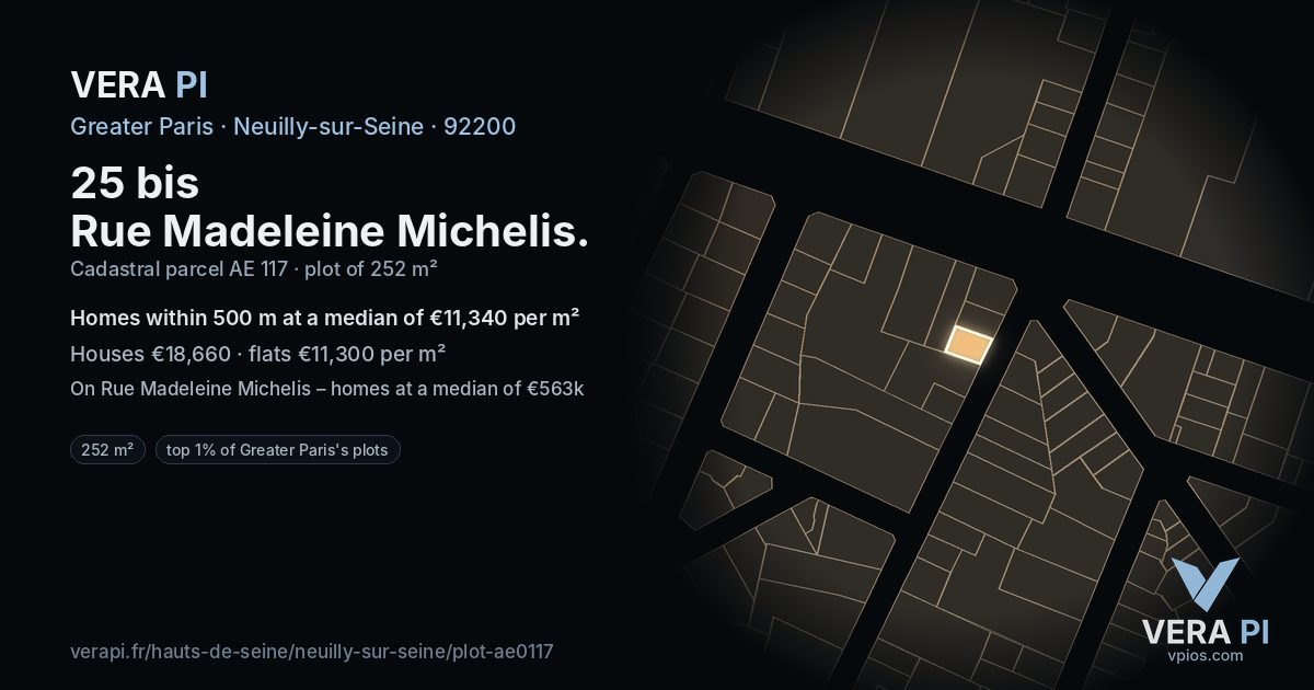 25 bis Rue Madeleine Michelis, Neuilly-sur-Seine at night – the plot lit, the parcels around coloured by the prices near them