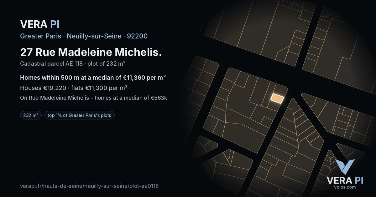 27 Rue Madeleine Michelis, Neuilly-sur-Seine at night – the plot lit, the parcels around coloured by the prices near them