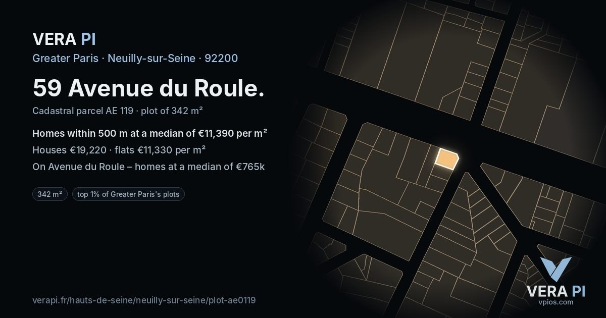 59 Avenue du Roule, Neuilly-sur-Seine at night – the plot lit, the parcels around coloured by the prices near them