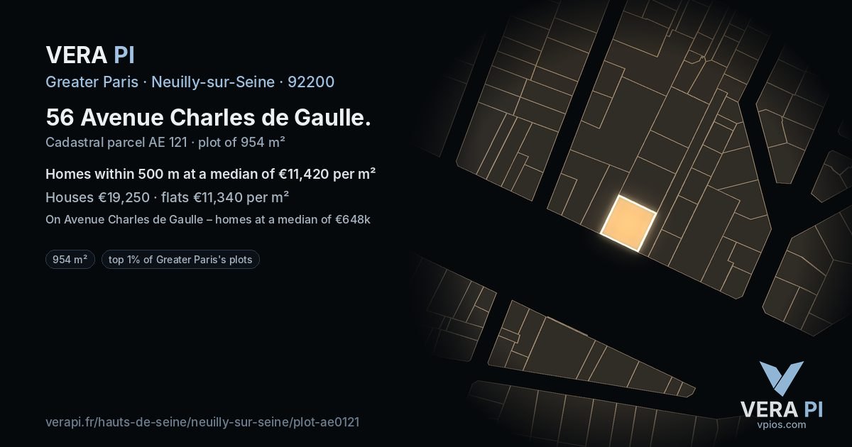 56 Avenue Charles de Gaulle, Neuilly-sur-Seine at night – the plot lit, the parcels around coloured by the prices near them