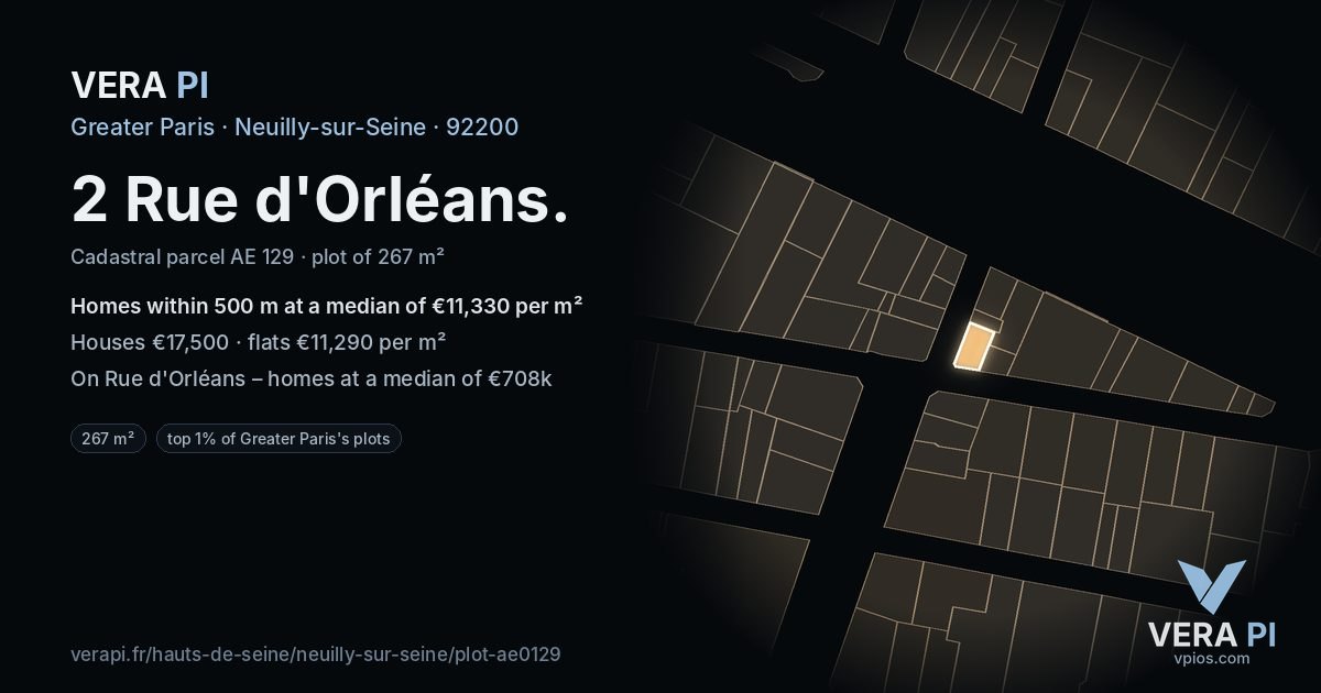 2 Rue d'Orléans, Neuilly-sur-Seine at night – the plot lit, the parcels around coloured by the prices near them