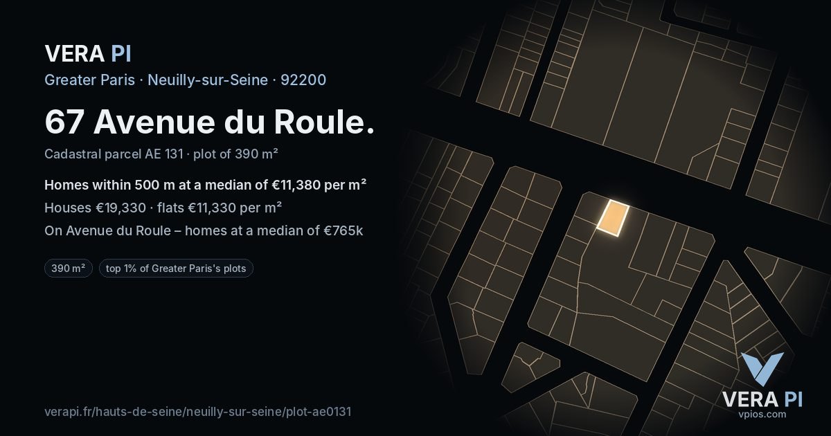 67 Avenue du Roule, Neuilly-sur-Seine at night – the plot lit, the parcels around coloured by the prices near them