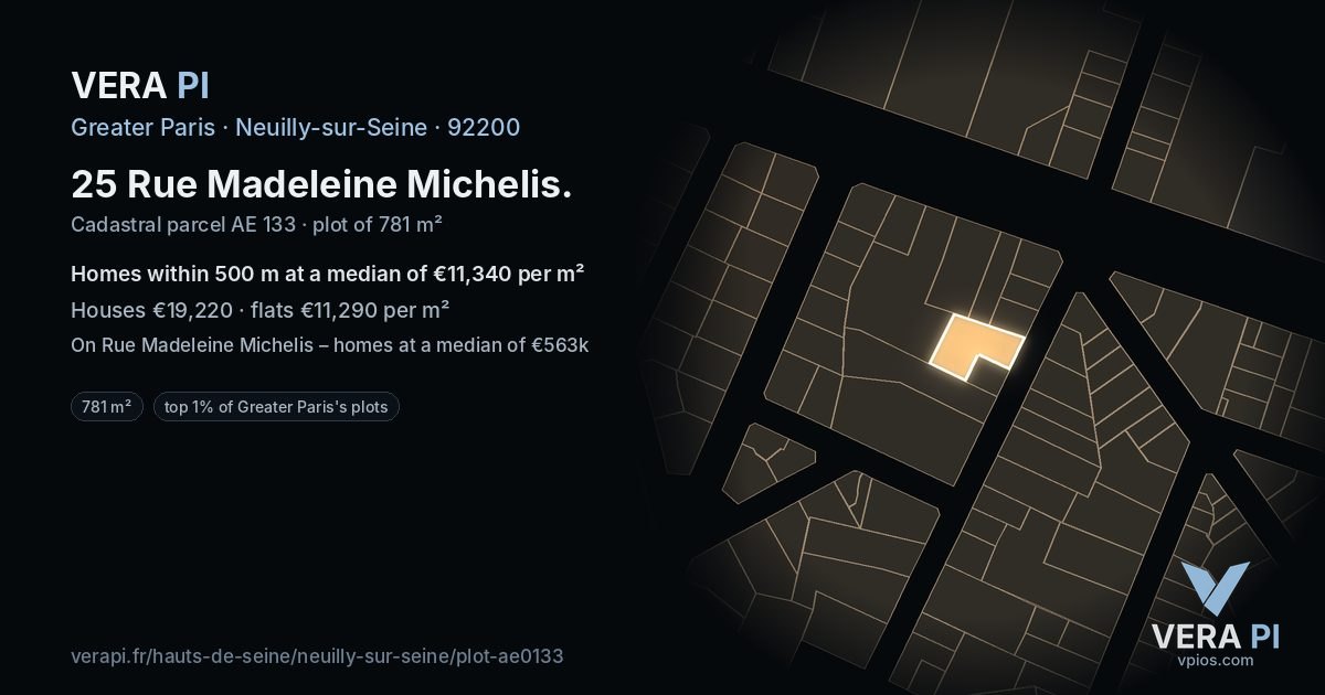 25 Rue Madeleine Michelis, Neuilly-sur-Seine at night – the plot lit, the parcels around coloured by the prices near them