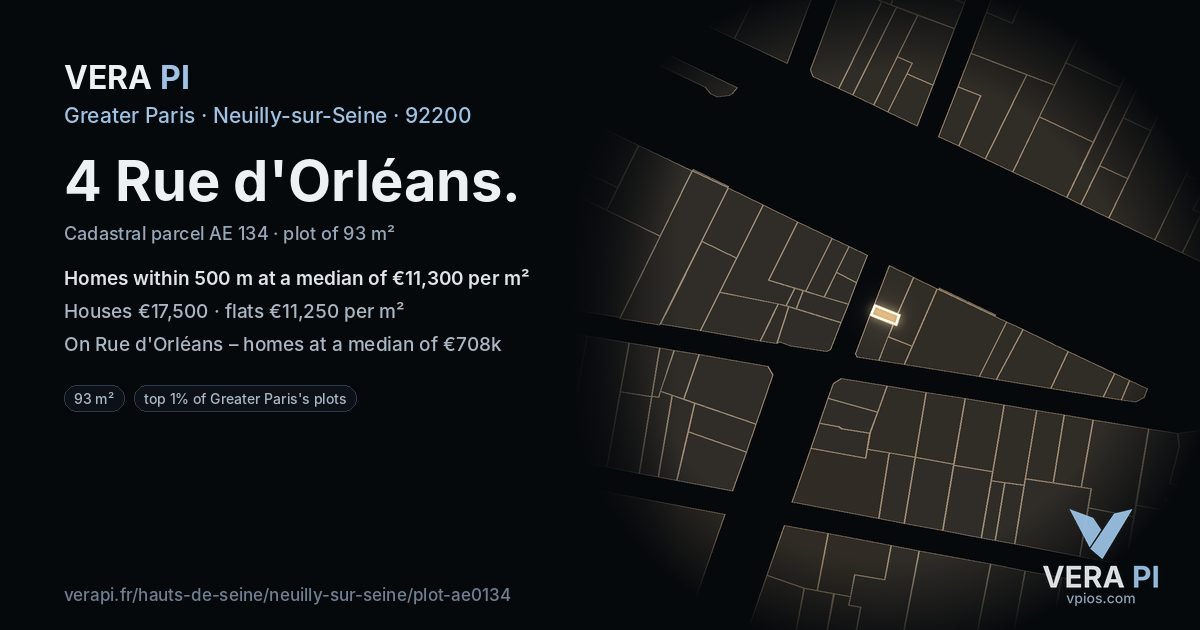 4 Rue d'Orléans, Neuilly-sur-Seine at night – the plot lit, the parcels around coloured by the prices near them