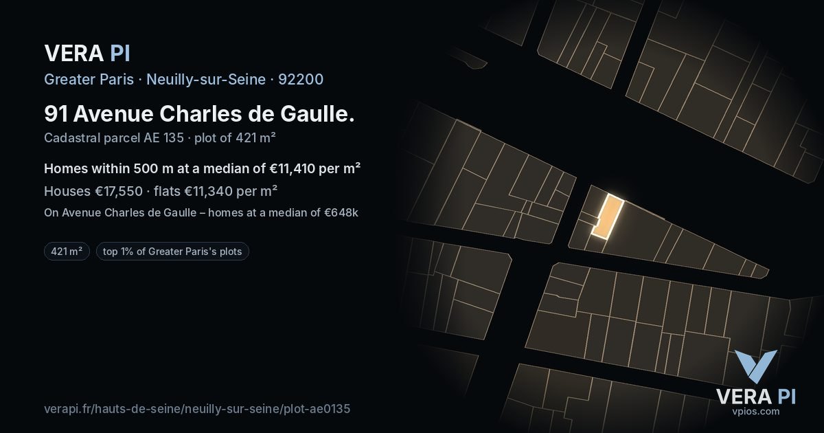 91 Avenue Charles de Gaulle, Neuilly-sur-Seine at night – the plot lit, the parcels around coloured by the prices near them
