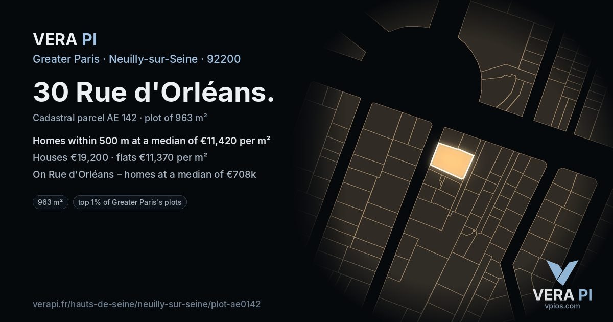 30 Rue d'Orléans, Neuilly-sur-Seine at night – the plot lit, the parcels around coloured by the prices near them