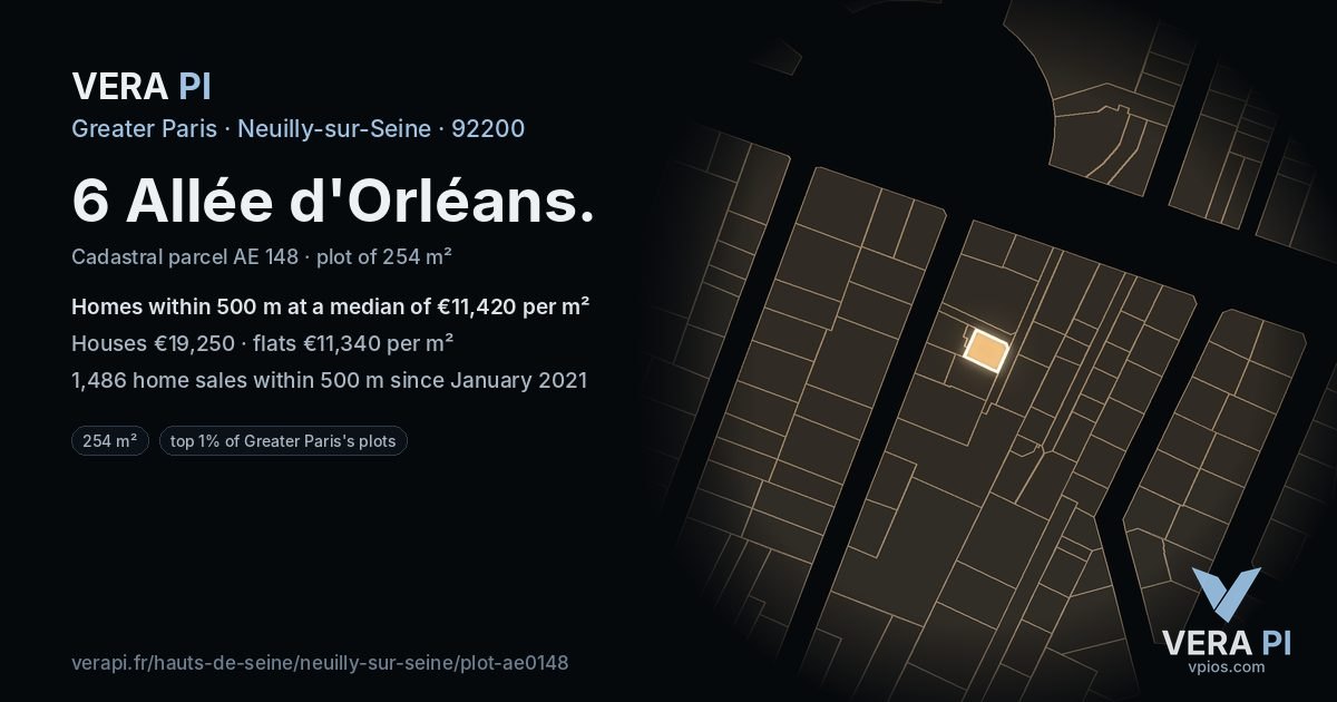 6 Allée d'Orléans, Neuilly-sur-Seine at night – the plot lit, the parcels around coloured by the prices near them