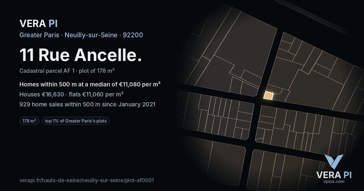 11 Rue Ancelle, Neuilly-sur-Seine at night – the plot lit, the parcels around coloured by the prices near them