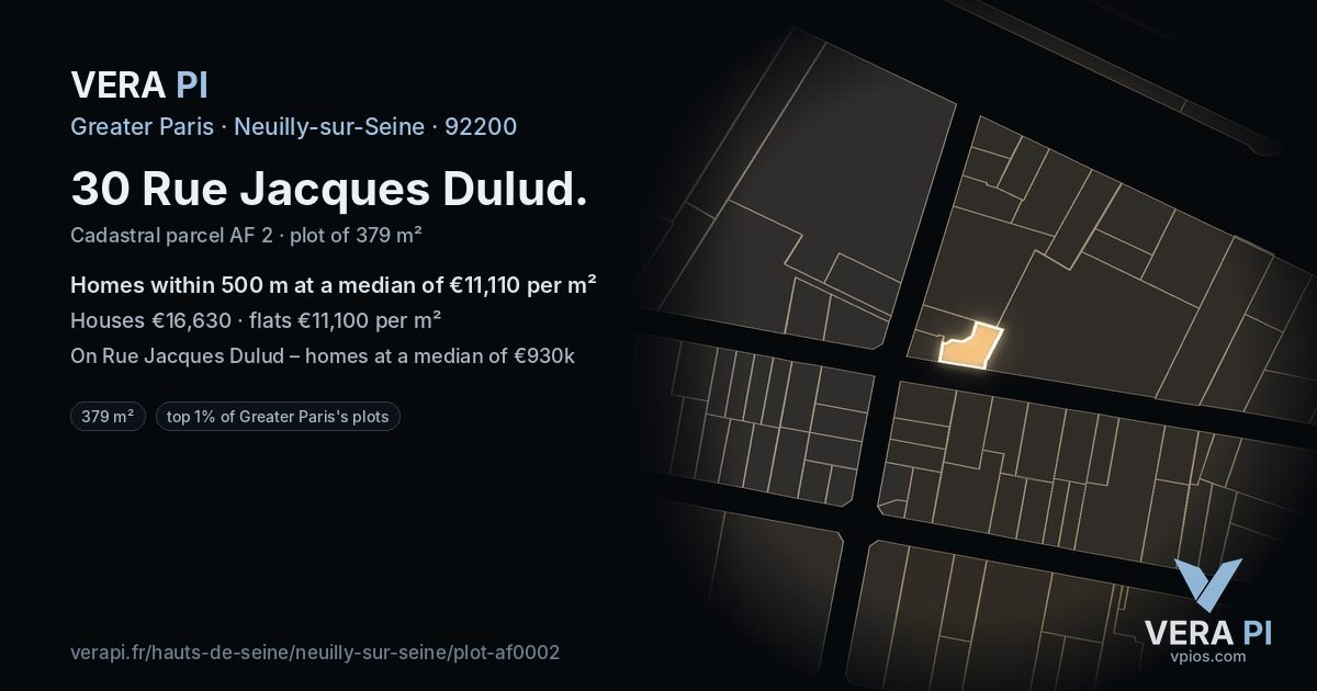 30 Rue Jacques Dulud, Neuilly-sur-Seine at night – the plot lit, the parcels around coloured by the prices near them