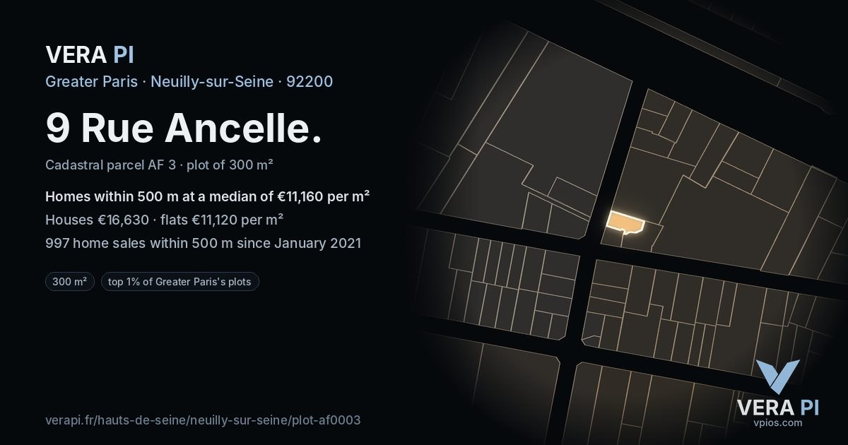 9 Rue Ancelle, Neuilly-sur-Seine at night – the plot lit, the parcels around coloured by the prices near them