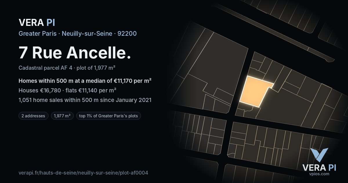 7 Rue Ancelle, Neuilly-sur-Seine at night – the plot lit, the parcels around coloured by the prices near them