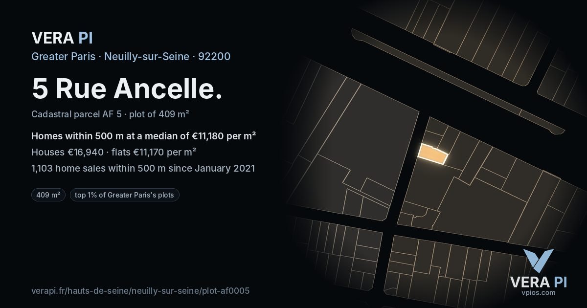 5 Rue Ancelle, Neuilly-sur-Seine at night – the plot lit, the parcels around coloured by the prices near them