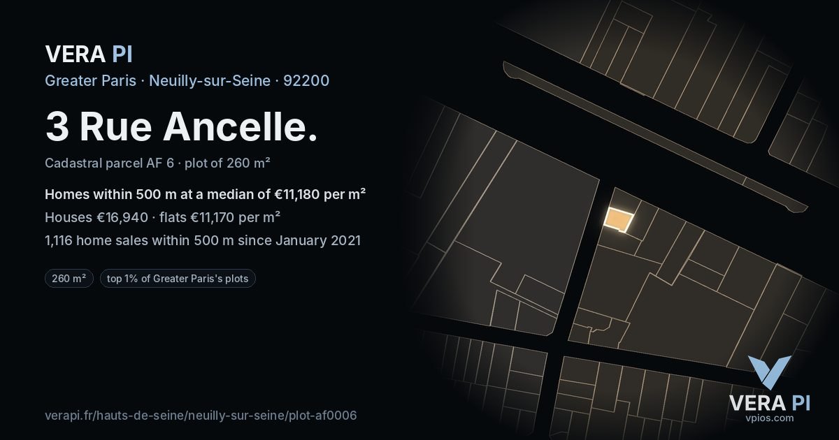 3 Rue Ancelle, Neuilly-sur-Seine at night – the plot lit, the parcels around coloured by the prices near them