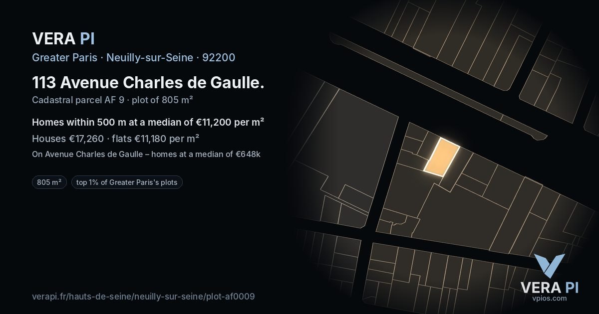 113 Avenue Charles de Gaulle, Neuilly-sur-Seine at night – the plot lit, the parcels around coloured by the prices near them