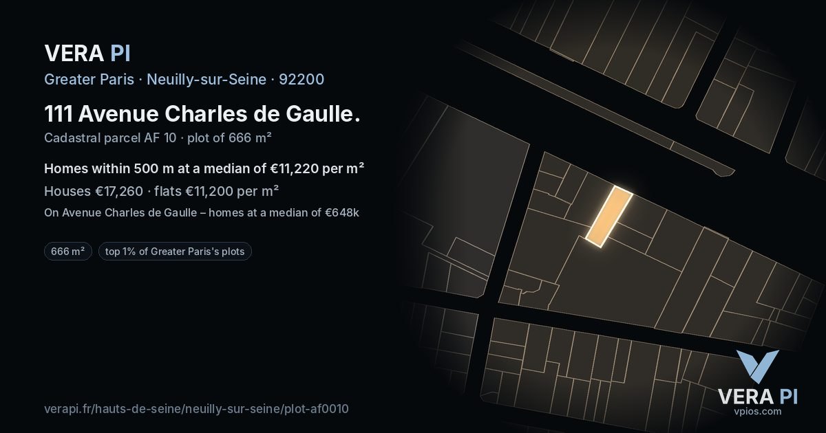 111 Avenue Charles de Gaulle, Neuilly-sur-Seine at night – the plot lit, the parcels around coloured by the prices near them