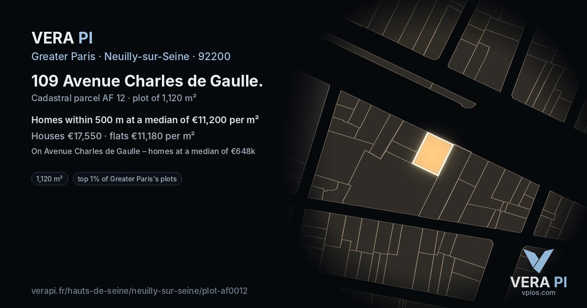 109 Avenue Charles de Gaulle, Neuilly-sur-Seine at night – the plot lit, the parcels around coloured by the prices near them