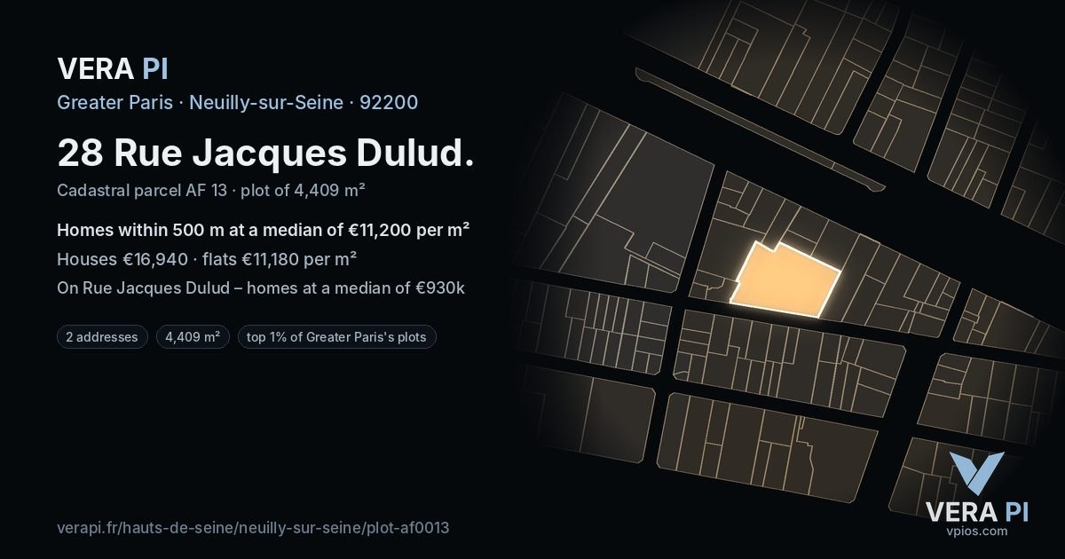 28 Rue Jacques Dulud, Neuilly-sur-Seine at night – the plot lit, the parcels around coloured by the prices near them