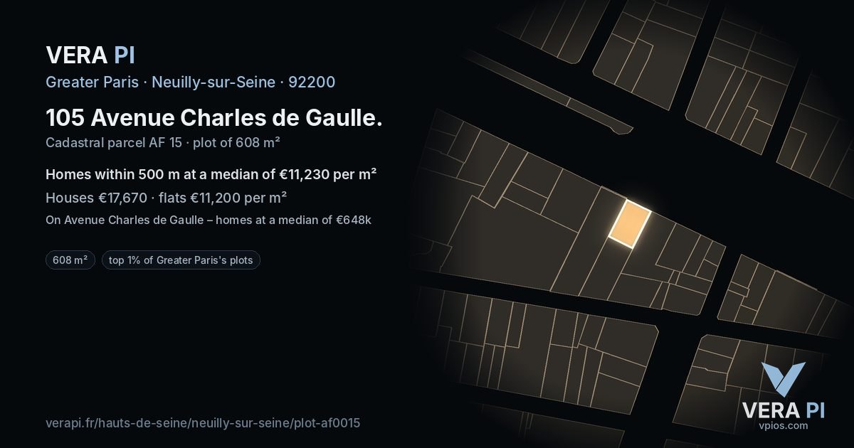 105 Avenue Charles de Gaulle, Neuilly-sur-Seine at night – the plot lit, the parcels around coloured by the prices near them