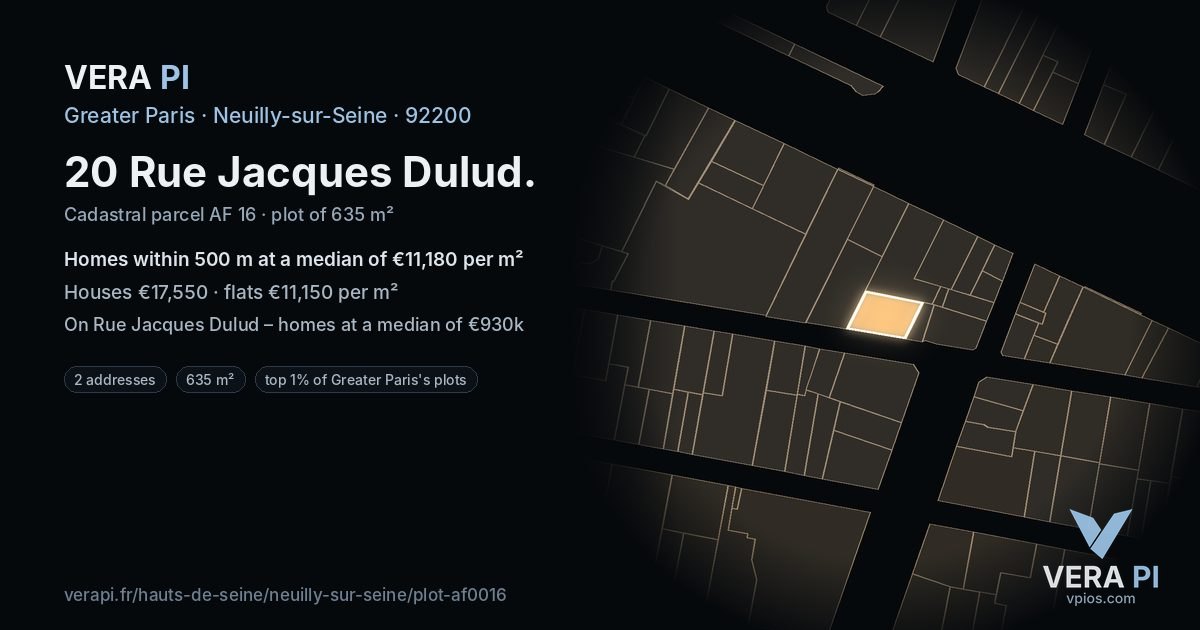 20 Rue Jacques Dulud, Neuilly-sur-Seine at night – the plot lit, the parcels around coloured by the prices near them
