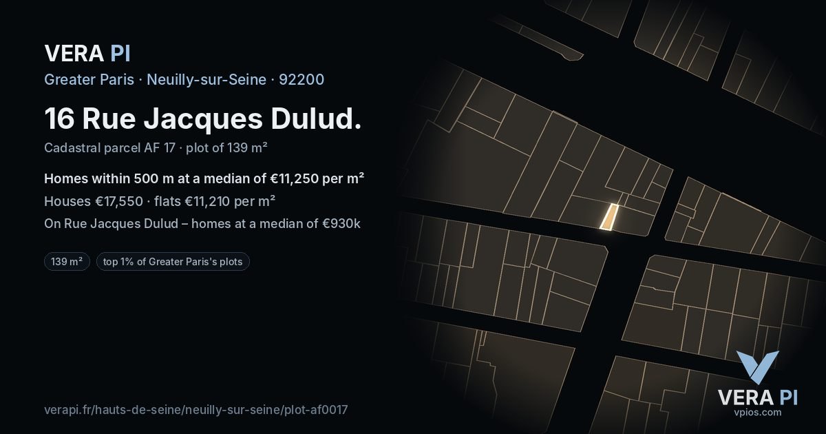 16 Rue Jacques Dulud, Neuilly-sur-Seine at night – the plot lit, the parcels around coloured by the prices near them