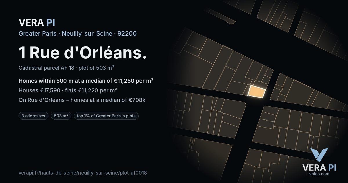 1 Rue d'Orléans, Neuilly-sur-Seine at night – the plot lit, the parcels around coloured by the prices near them