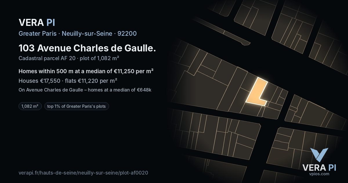 103 Avenue Charles de Gaulle, Neuilly-sur-Seine at night – the plot lit, the parcels around coloured by the prices near them