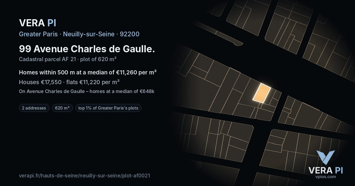 99 Avenue Charles de Gaulle, Neuilly-sur-Seine at night – the plot lit, the parcels around coloured by the prices near them