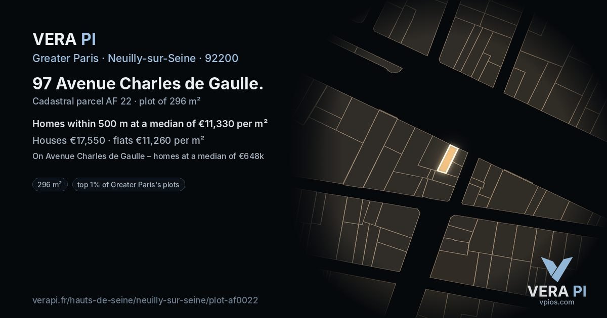 97 Avenue Charles de Gaulle, Neuilly-sur-Seine at night – the plot lit, the parcels around coloured by the prices near them