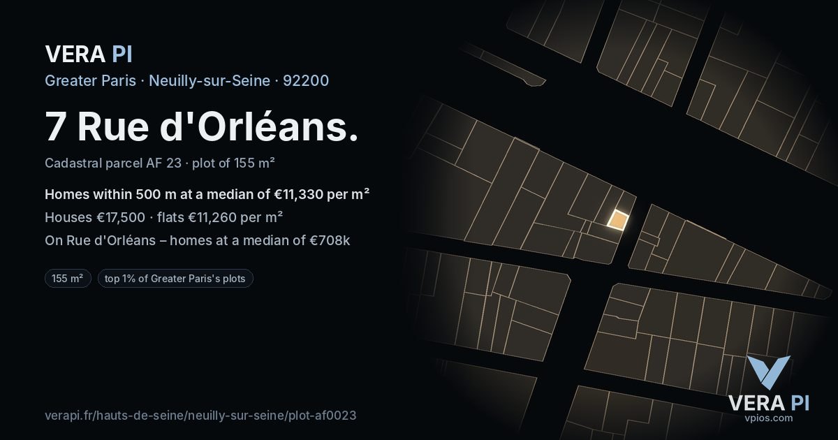 7 Rue d'Orléans, Neuilly-sur-Seine at night – the plot lit, the parcels around coloured by the prices near them