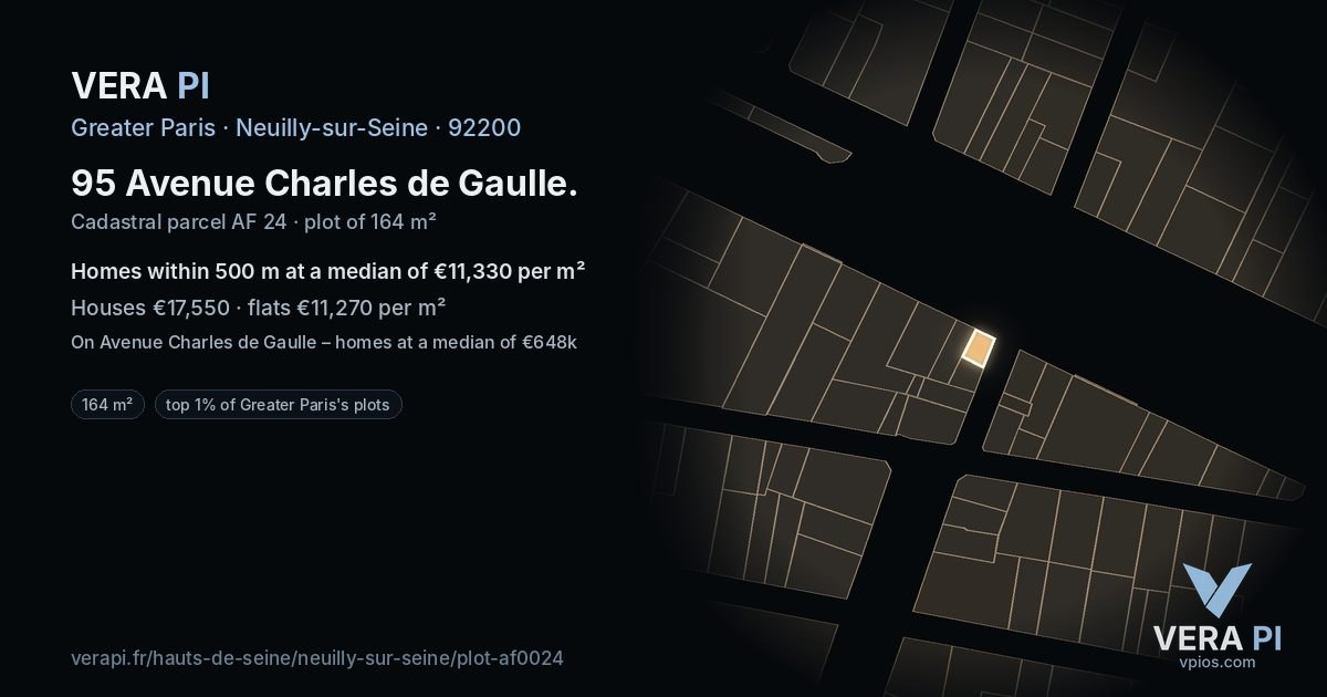 95 Avenue Charles de Gaulle, Neuilly-sur-Seine at night – the plot lit, the parcels around coloured by the prices near them
