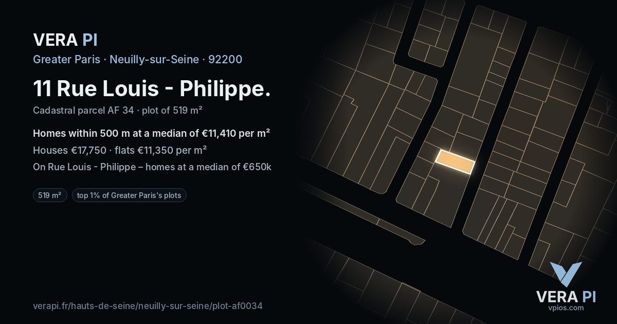 11 Rue Louis - Philippe, Neuilly-sur-Seine at night – the plot lit, the parcels around coloured by the prices near them
